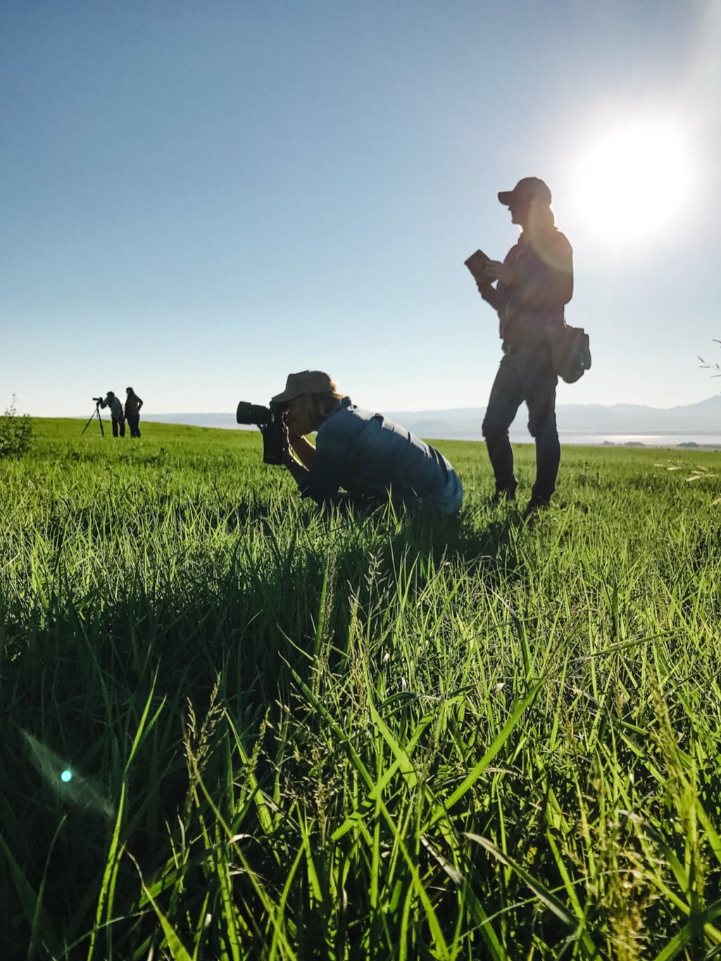 Crew silhouetted in tall grass at sunrise as Dawn Heumann shoots from the ground