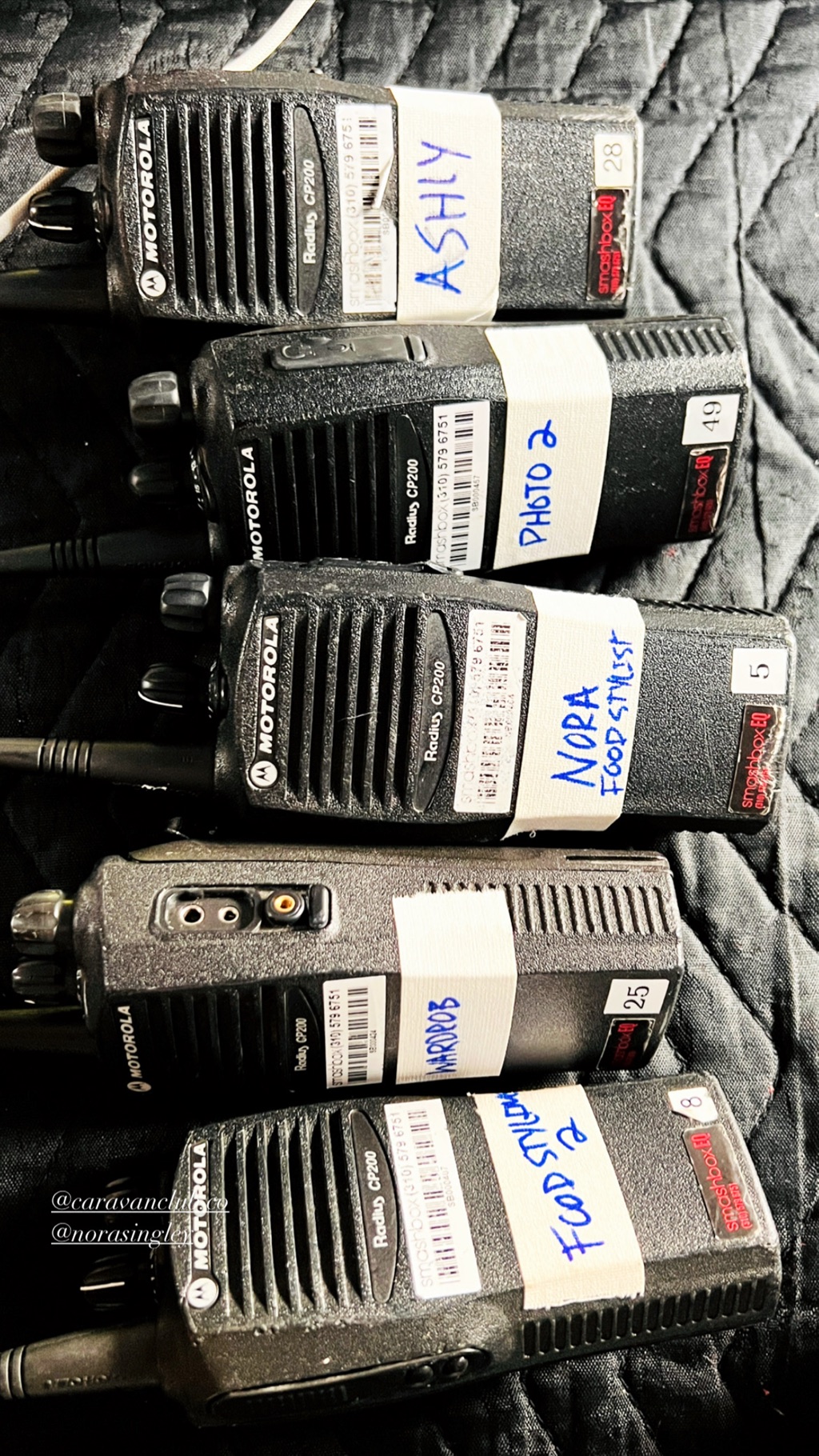 Crew walkie talkies labeled by name and department, food stylist included