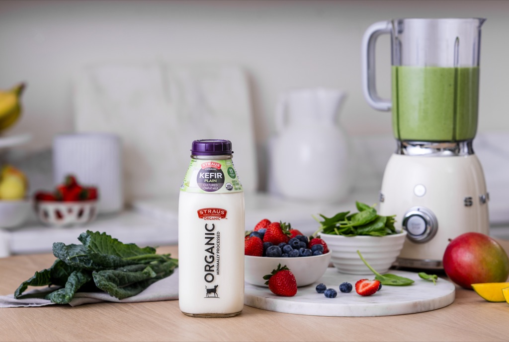 Straus organic plain kefir with a green smoothie in the blender, berries and kale