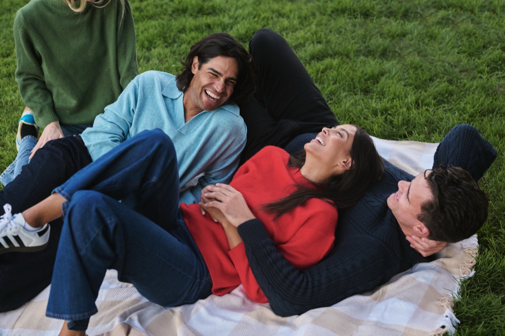 Friends piled on a picnic blanket laughing in the park