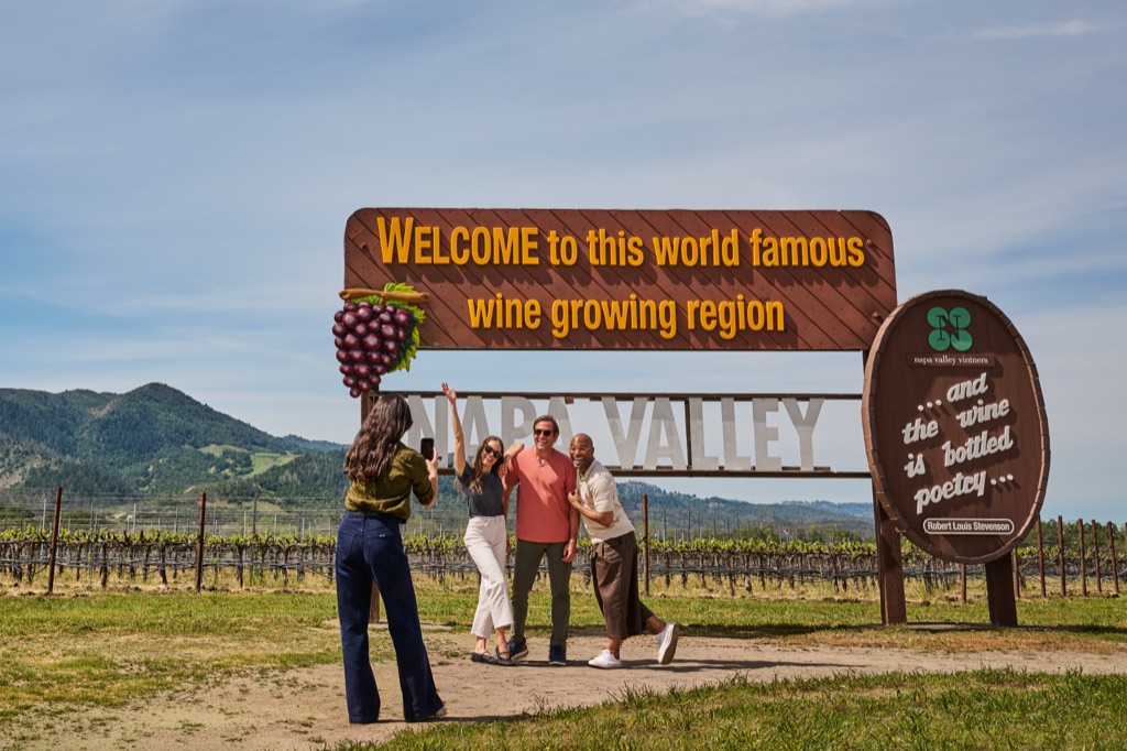 Friends posing for a photo at the Welcome to Napa Valley sign between spring vineyard rows
