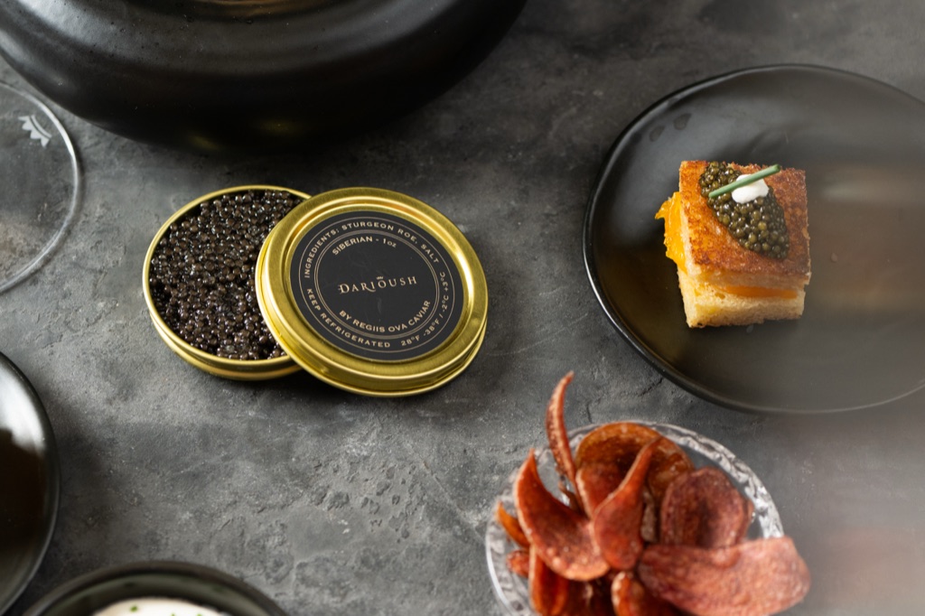 Darioush Regiis Ova caviar tin with canapes, photographed by Dawn Heumann