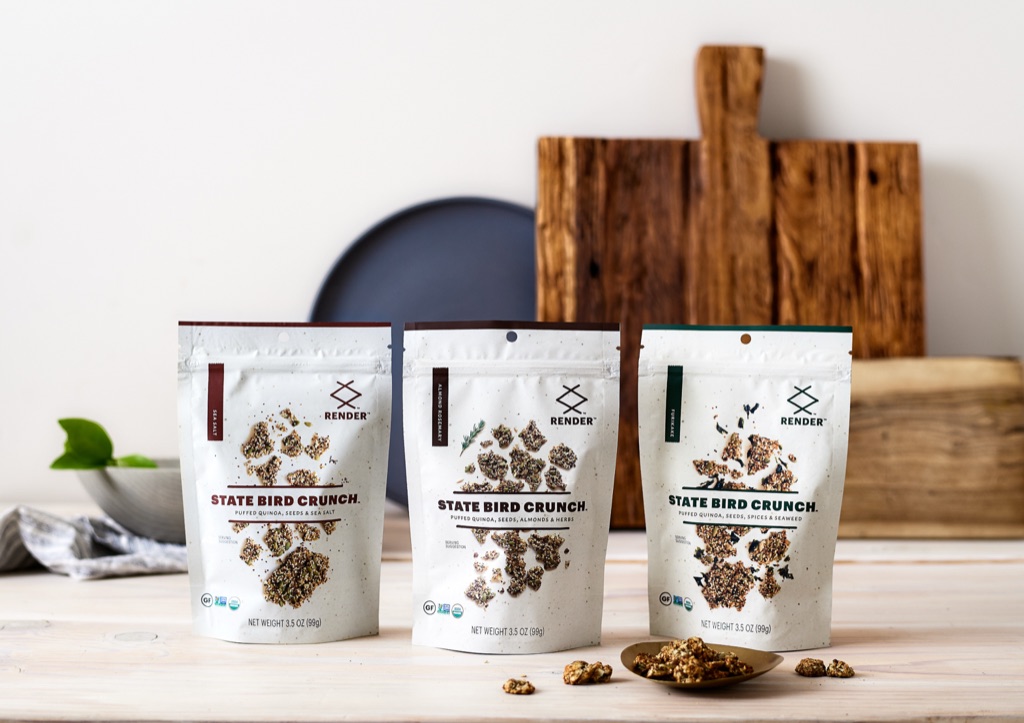 Render State Bird Crunch bags lined up in a bright kitchen