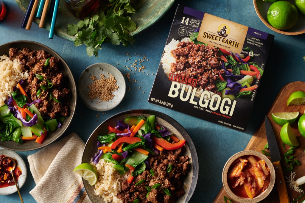 Overhead of Sweet Earth Awesome Bulgogi bowls with fresh vegetables