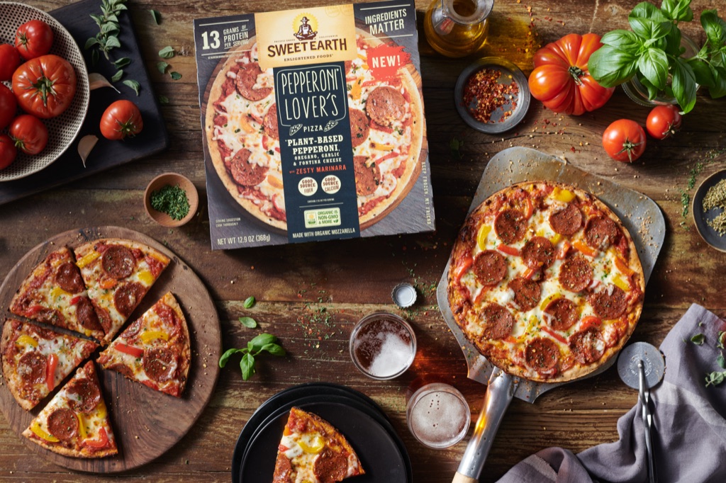 Overhead of Sweet Earth Pepperoni Lover's pizza fresh from the oven