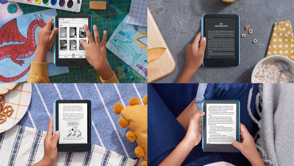 Four-image digital ad grid of children reading Kindle Kids e-readers