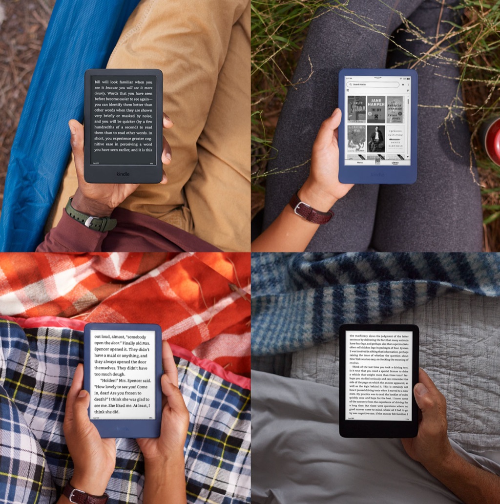 Four-image digital ad grid of Kindle e-readers in hand while camping and relaxing outdoors, photographed by Dawn Heumann