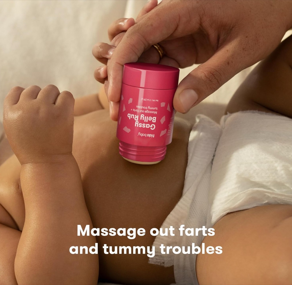 Frida Baby gassy belly rub digital ad photographed on a baby's tummy by Dawn Heumann