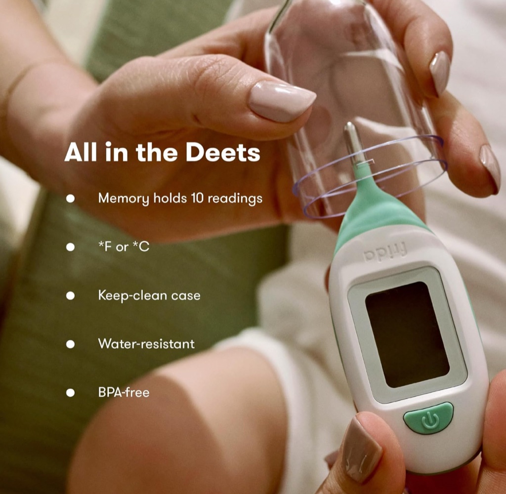 Frida Baby thermometer features digital ad showing the keep-clean case