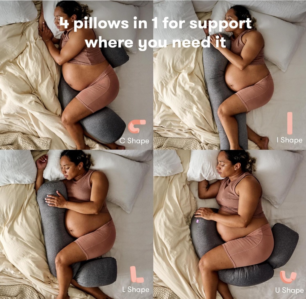 Frida Mom pregnancy pillow digital ad showing C, I, L, and U sleep shapes from overhead