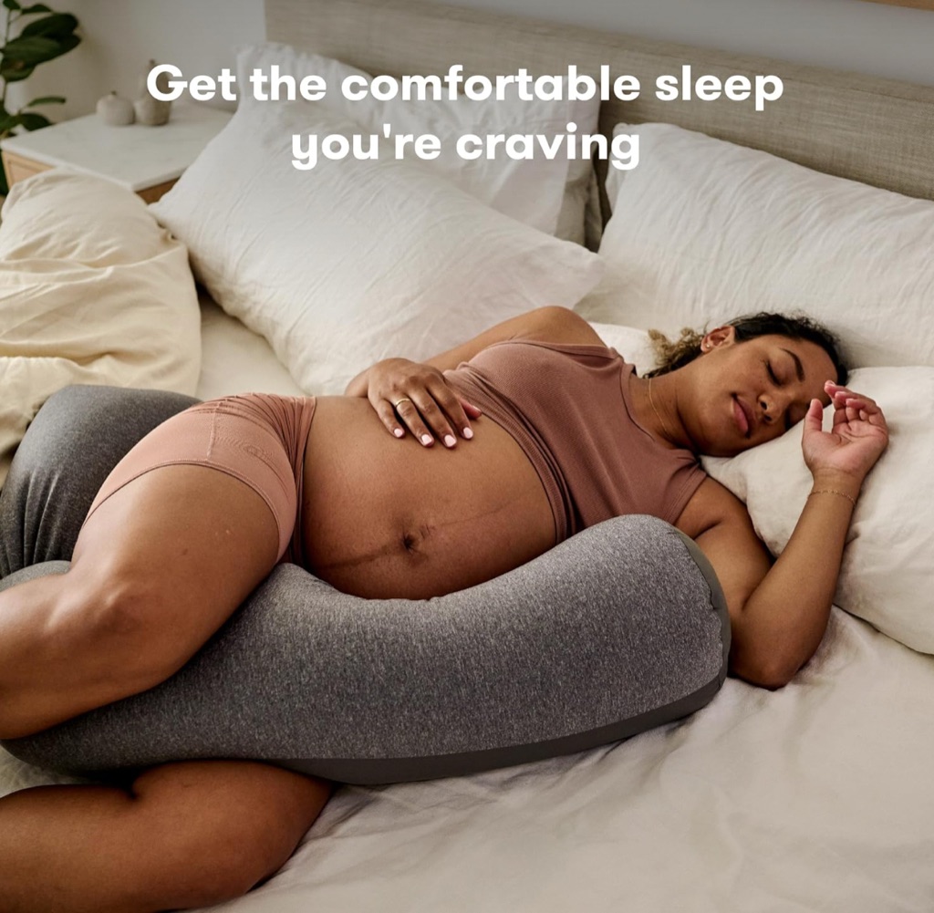 Frida Mom pregnancy pillow digital ad of an expecting mother sleeping comfortably on her side
