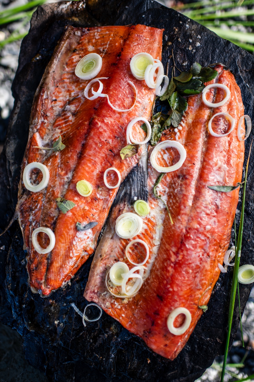 Two fire-roasted sockeye salmon fillets on a blackened stone topped with leek rings and herbs, photographed in Alaska