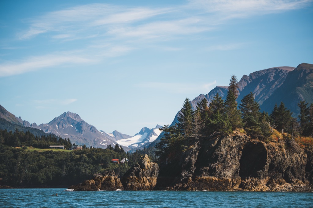 Rocky cliffs and spruce trees with homes on a green bluff and a glacier hanging between peaks on the Alaska coast