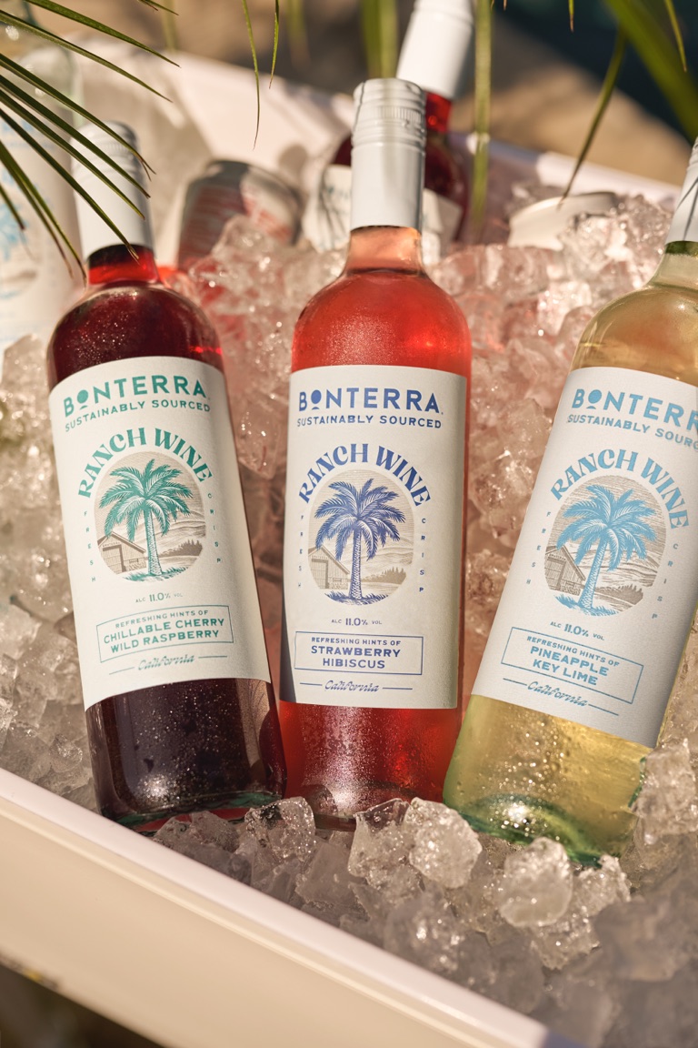 Three Bonterra Ranch Wine bottles chilling in an ice-filled cooler with a palm frond, photographed by Dawn Heumann