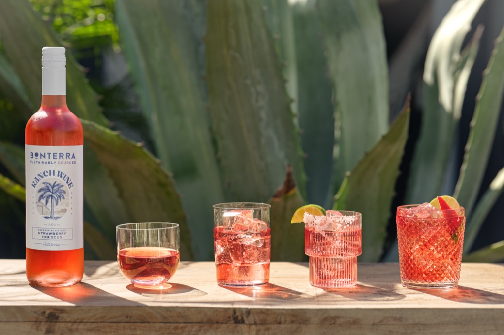 Ranch Wine Strawberry Hibiscus bottle beside four glasses showing different serves, from a neat pour to a salted rim, against agave leaves