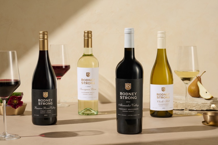 Rodney Strong estate wines including Russian River Valley Pinot Noir and Chalk Hill Chardonnay styled with pears, photographed by Dawn Heumann