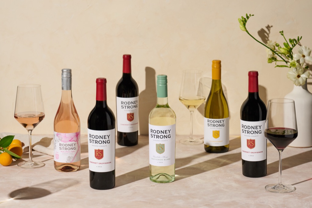 Rodney Strong Sonoma County wine lineup with rose, cabernet, sauvignon blanc, and chardonnay in warm sunlight