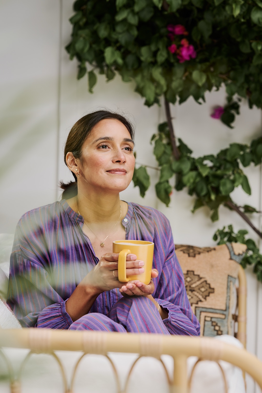 A quiet morning coffee under the bougainvillea, Silk campaign photography by Dawn Heumann