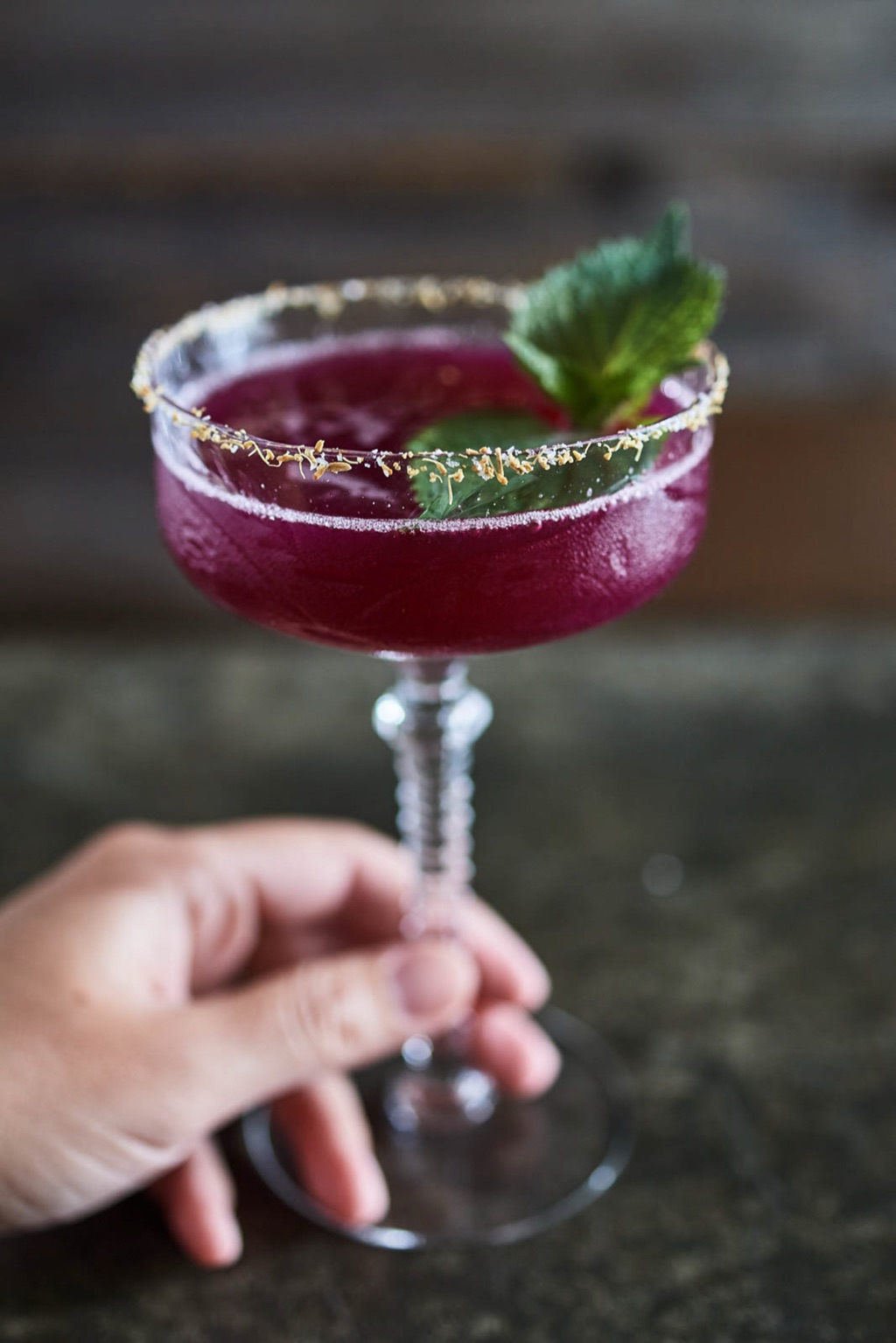 Hand lifting a hibiscus cocktail in a coupe glass