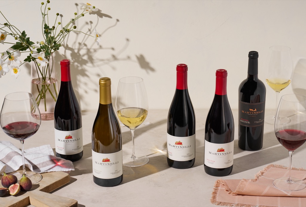 Martinelli pinot noir, chardonnay, syrah and Jackass Hill zinfandel lineup in soft morning light