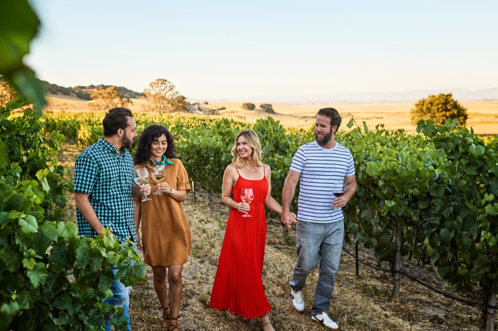Friends with wine in a golden hour vine row, photographed by Dawn Heumann