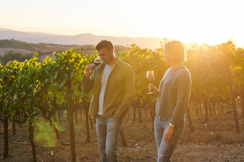 Couple tasting red wine between vineyard rows at sunset