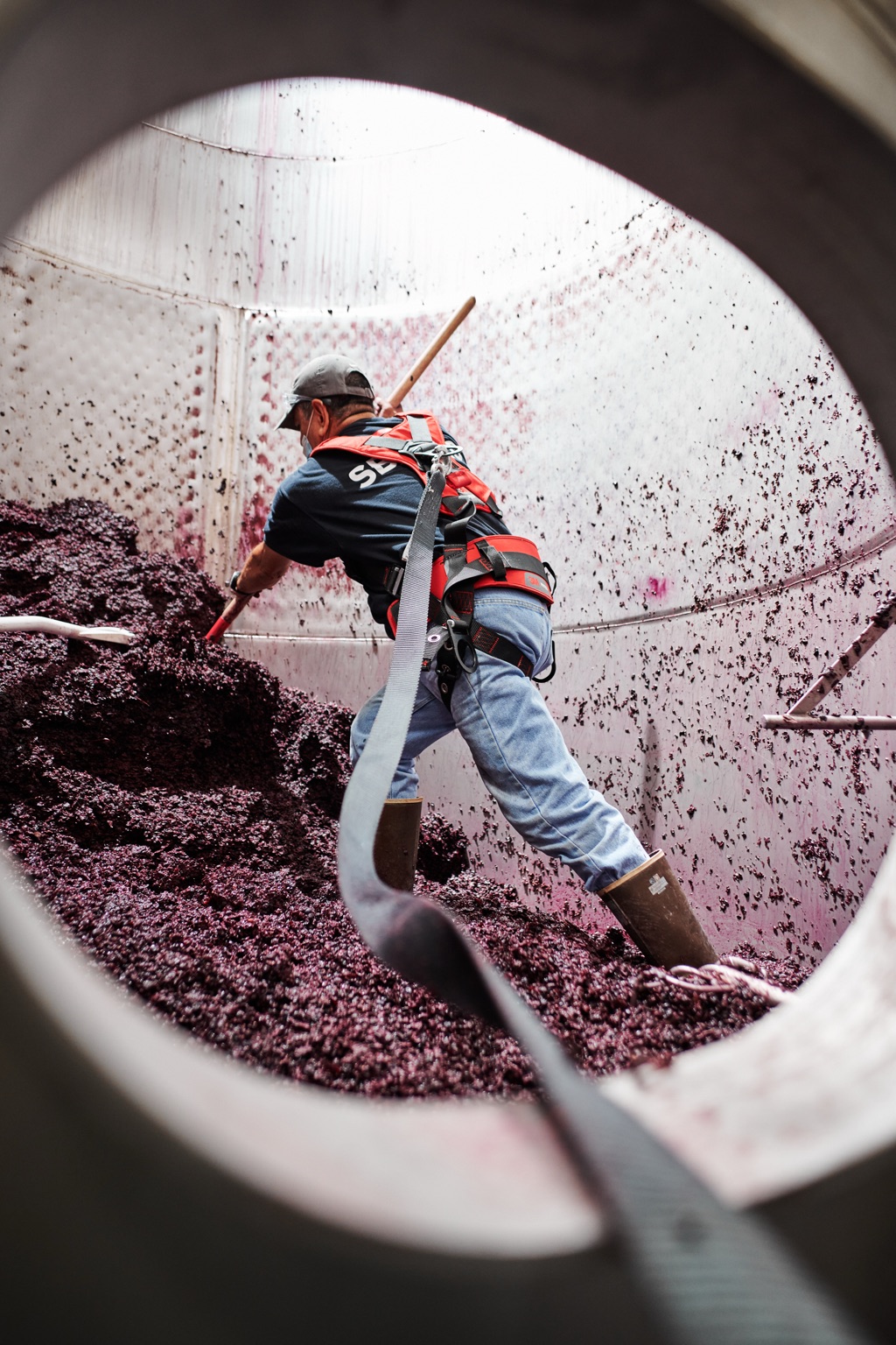 Cellar worker in a harness turning the must inside an open top tank, seen through the porthole