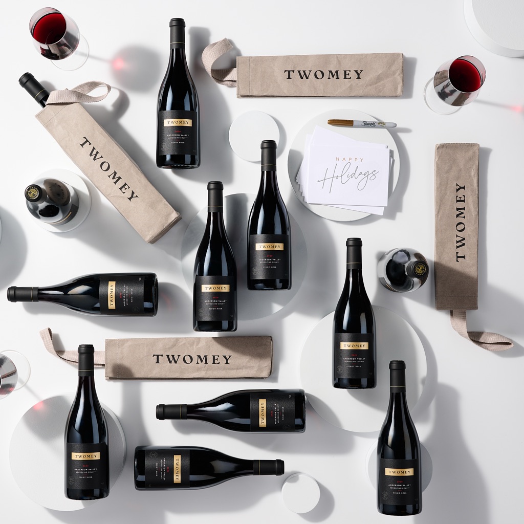 Twomey Anderson Valley pinot noir holiday gift flat lay with bottle bags and cards