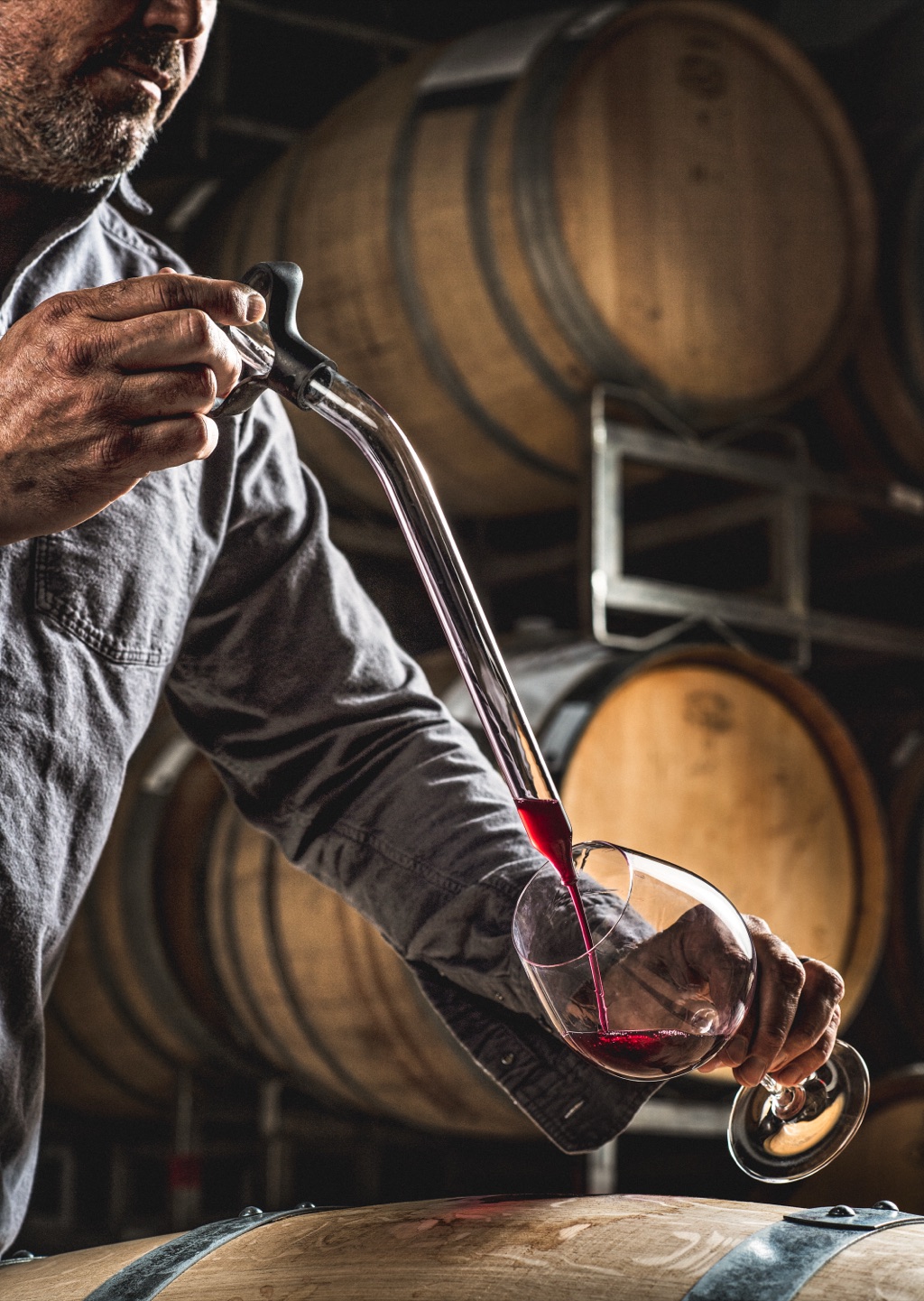 Winemaker drawing red wine from the barrel with a wine thief in a dim cellar